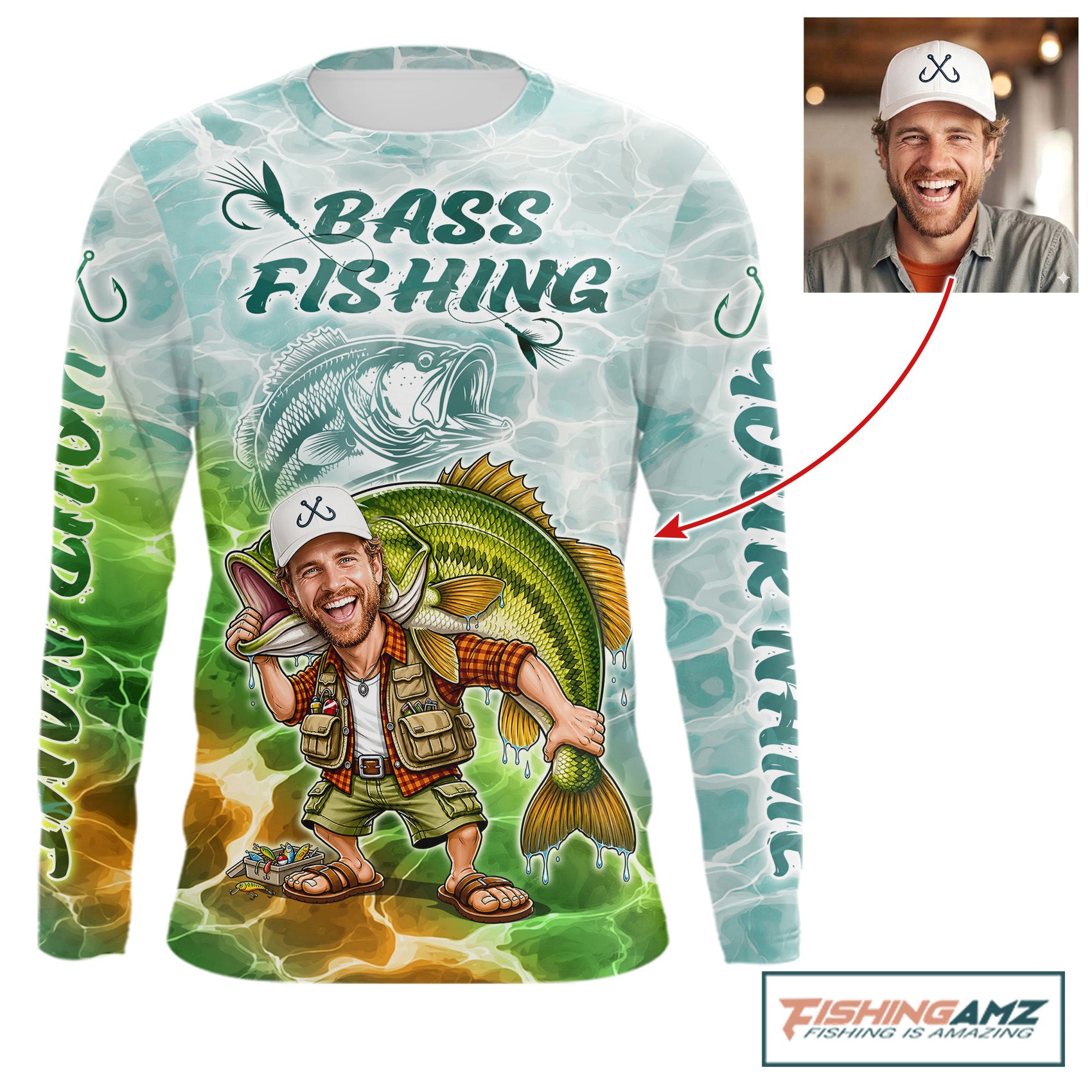 Custom Photo Scale Funny Bass Fishing Shirts Long Sleeve For Men, Fishing Team Jersey