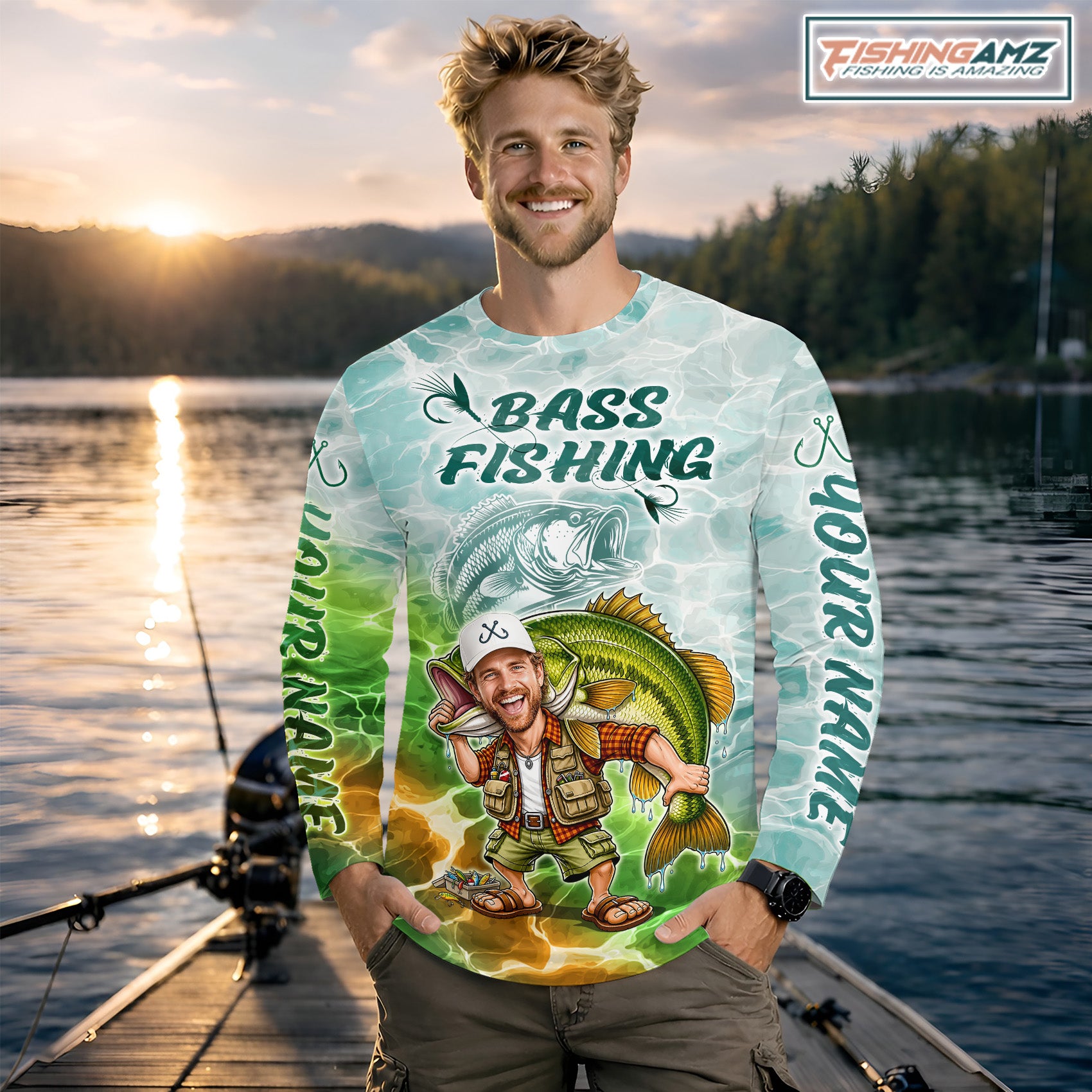 Custom Photo Scale Funny Bass Fishing Shirts Long Sleeve For Men, Fishing Team Jersey