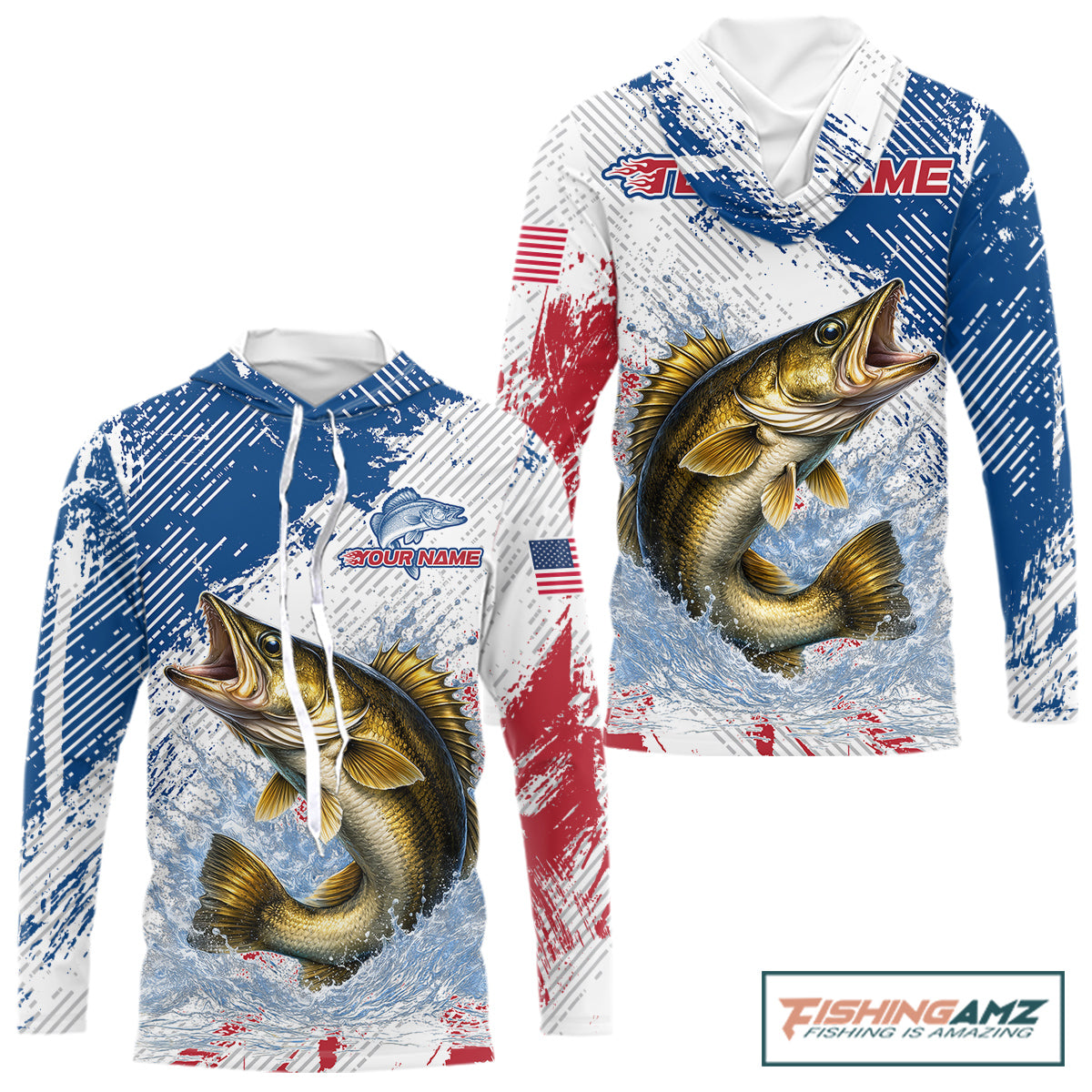 Custom Patriotic American Flag Walleye Hooded Fishing Shirts Long Sleeve, Fishing Tournament Jerseys NHT549