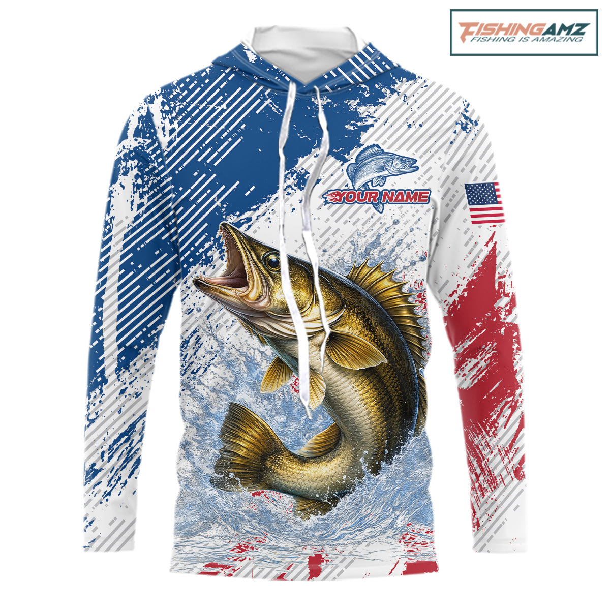 Custom Patriotic American Flag Walleye Hooded Fishing Shirts Long Sleeve, Fishing Tournament Jerseys NHT549