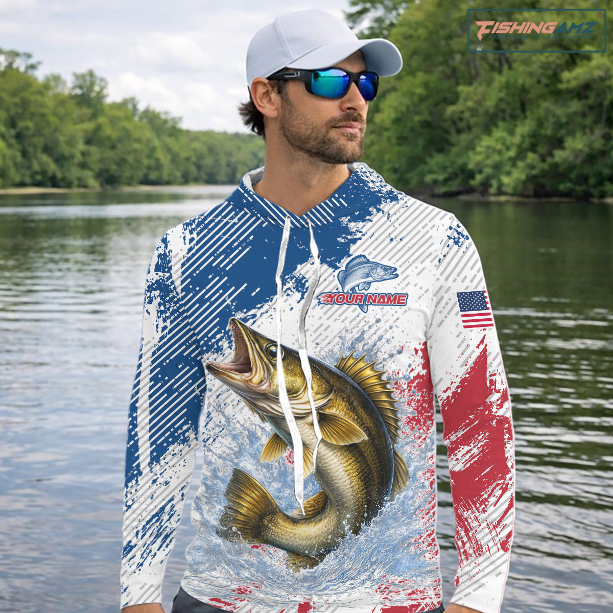 Custom Patriotic American Flag Walleye Hooded Fishing Shirts Long Sleeve, Fishing Tournament Jerseys NHT549