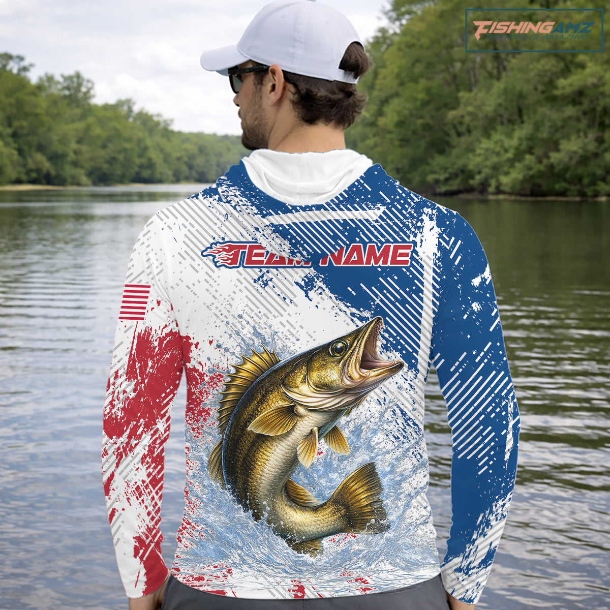Custom Patriotic American Flag Walleye Hooded Fishing Shirts Long Sleeve, Fishing Tournament Jerseys NHT549