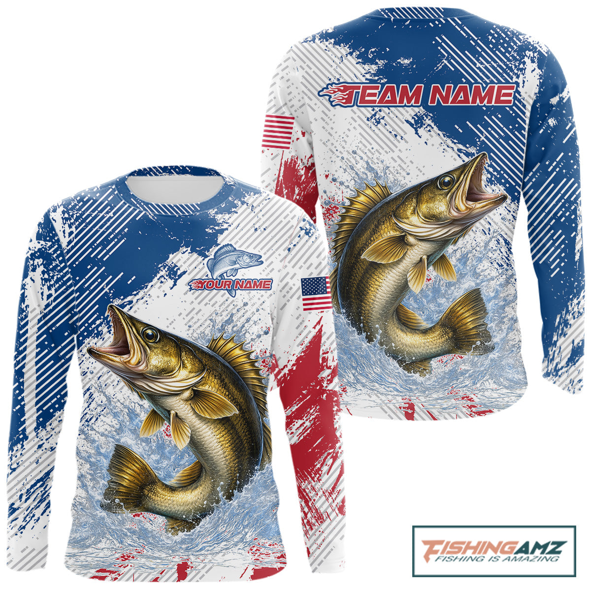 Custom Patriotic American Flag Walleye Fishing Shirts Long Sleeve, Fishing Tournament Jerseys NHT549