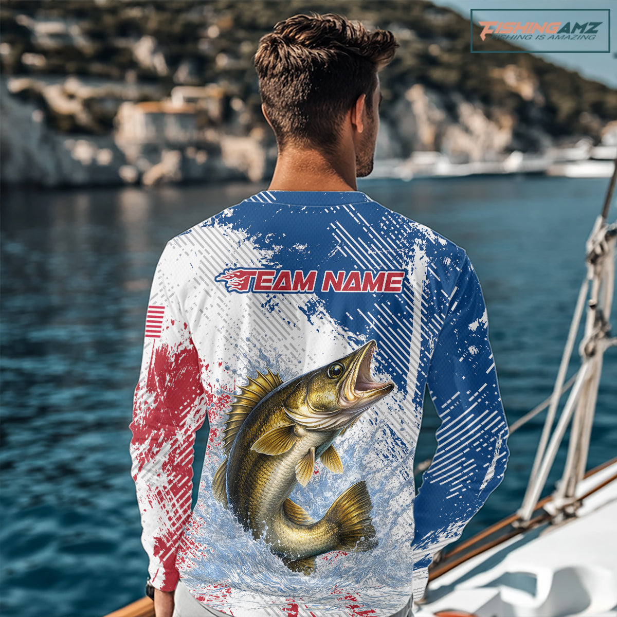Custom Patriotic American Flag Walleye Fishing Shirts Long Sleeve, Fishing Tournament Jerseys NHT549