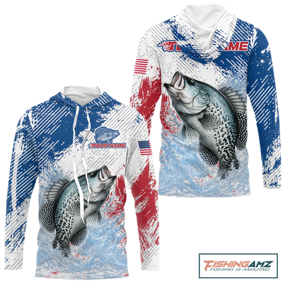 Custom Patriotic American Flag Crappie Hooded Fishing Shirts Long Sleeve, Fishing Tournament Jerseys NHT550