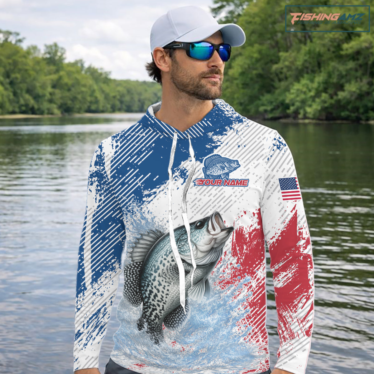 Custom Patriotic American Flag Crappie Hooded Fishing Shirts Long Sleeve, Fishing Tournament Jerseys NHT550