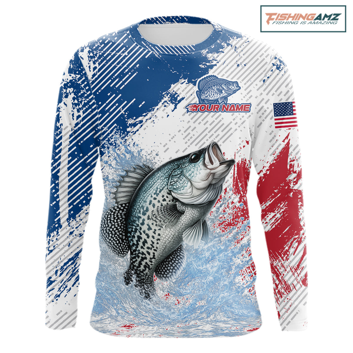 Custom Patriotic American Flag Crappie Fishing Shirts Long Sleeve, Fishing Tournament Jerseys NHT550