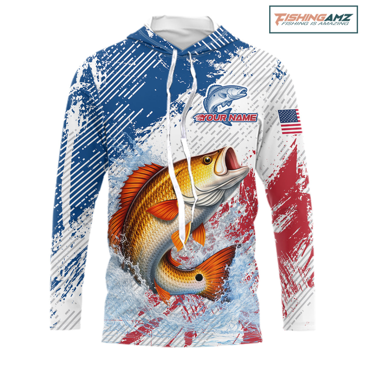 Custom Patriotic American Flag Redfish Hooded Fishing Shirts Long Sleeve, Fishing Tournament Jerseys NHT551