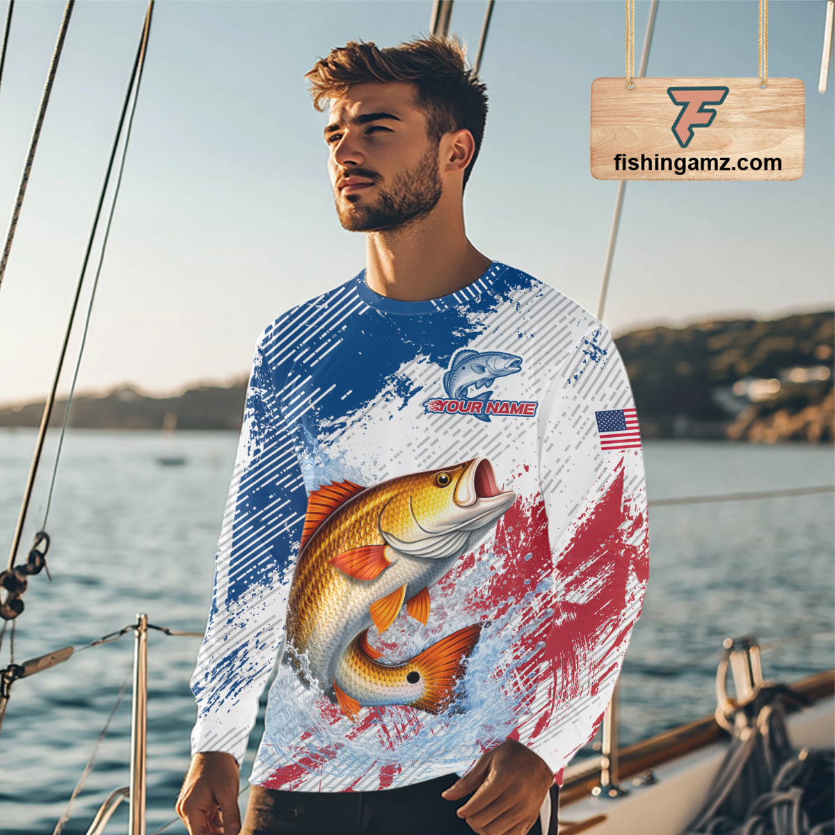 Custom Patriotic American Flag Redfish Fishing Shirts Long Sleeve, Fishing Tournament Jerseys NHT551