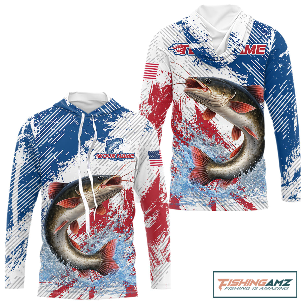 Custom Patriotic American Flag Catfish Hooded Fishing Shirts Long Sleeve, Fishing Tournament Jerseys NHT552