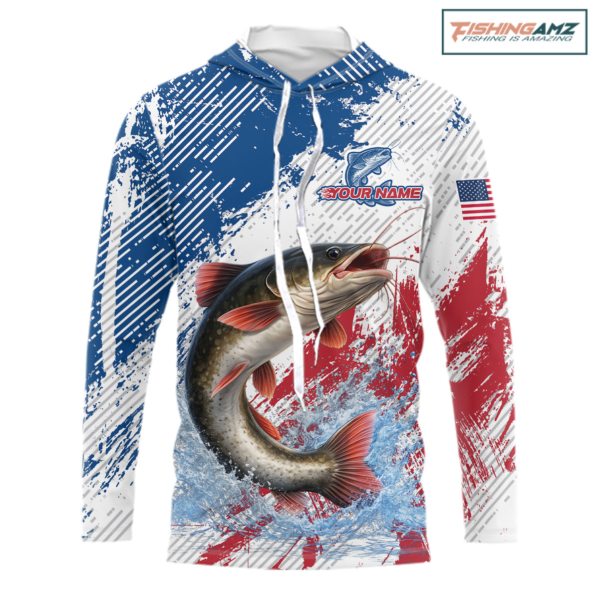 Custom Patriotic American Flag Catfish Hooded Fishing Shirts Long Sleeve, Fishing Tournament Jerseys NHT552