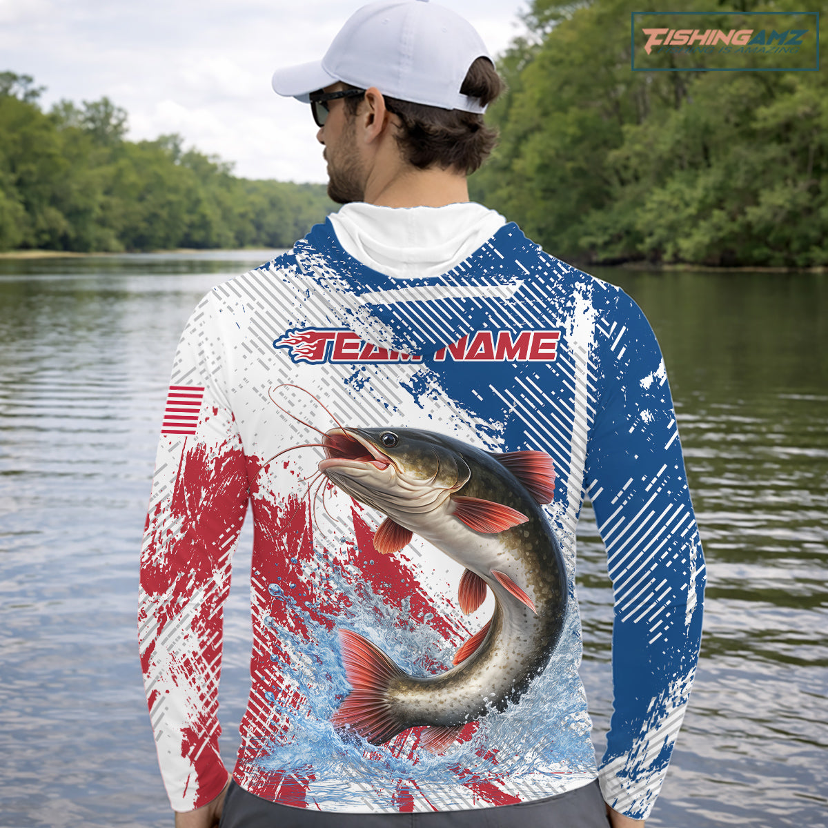 Custom Patriotic American Flag Catfish Hooded Fishing Shirts Long Sleeve, Fishing Tournament Jerseys NHT552