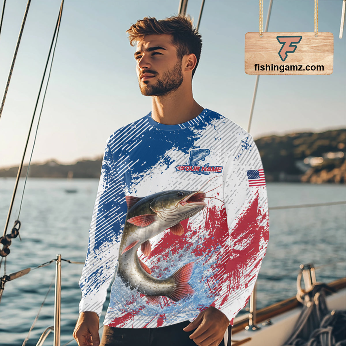 Custom Patriotic American Flag Catfish Fishing Shirts Long Sleeve, Fishing Tournament Jerseys NHT552