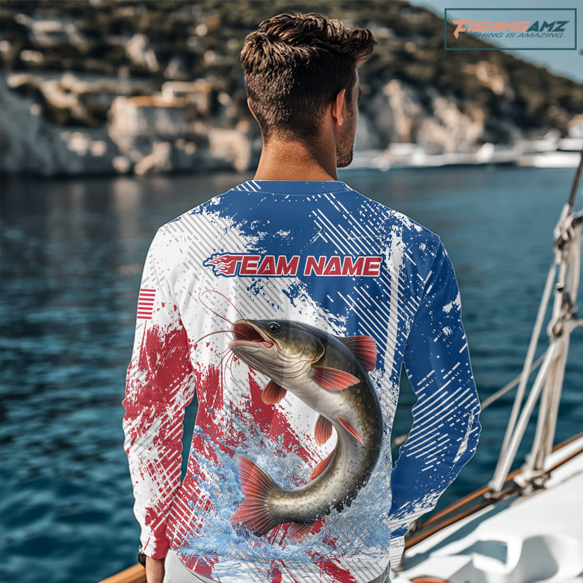 Custom Patriotic American Flag Catfish Fishing Shirts Long Sleeve, Fishing Tournament Jerseys NHT552