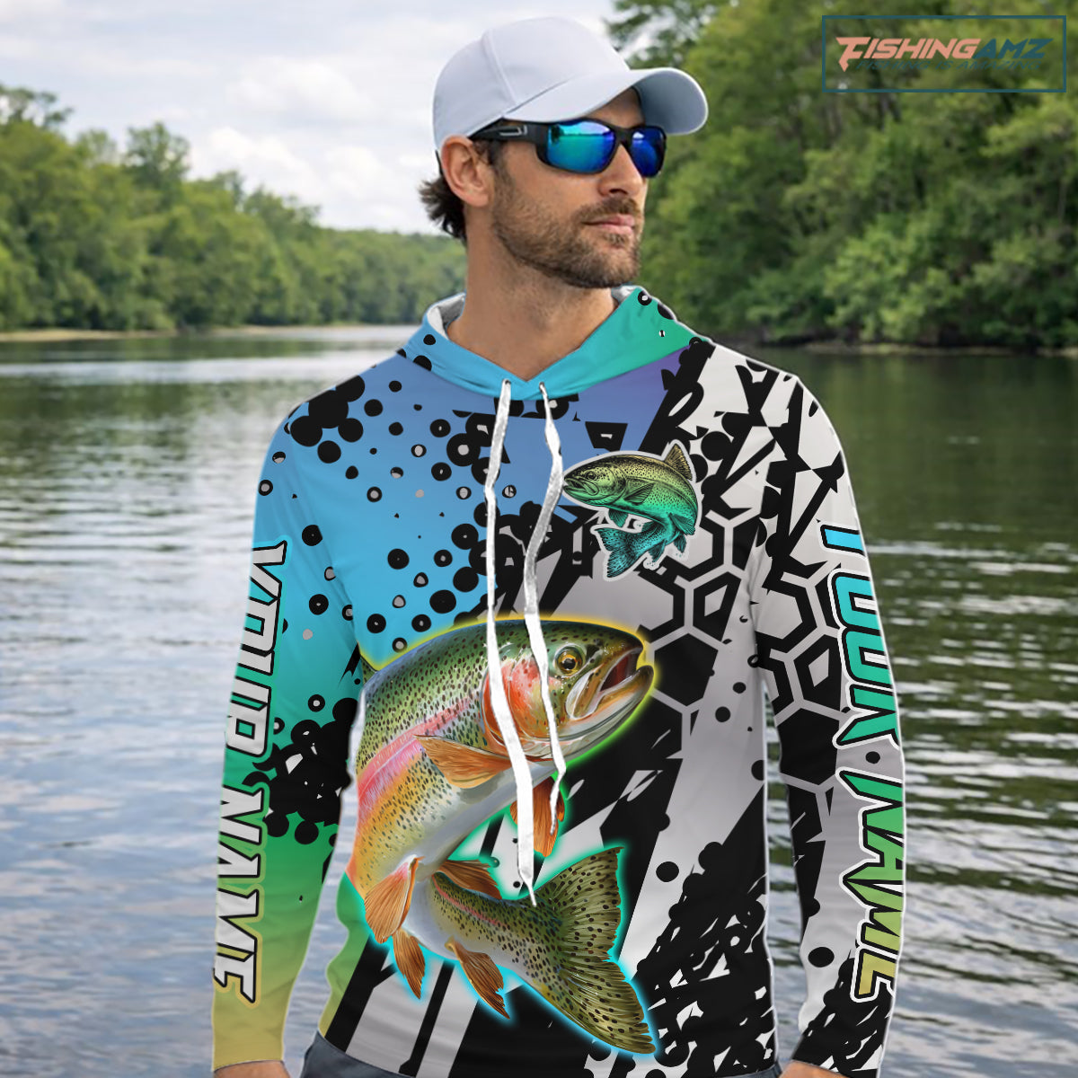 Rainbow trout custom hooded long sleeve performance fishing shirt, trout fishing jersey