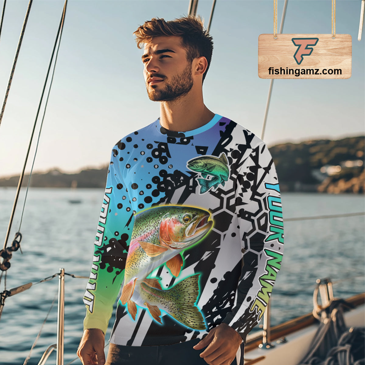 Rainbow trout custom long sleeve performance fishing shirt, trout fishing jersey