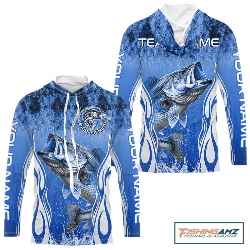 Personalized Team Bass Fishing Shirt - Long Sleeve Hooded Tournament Fishing Apparel|Blue NHT1102