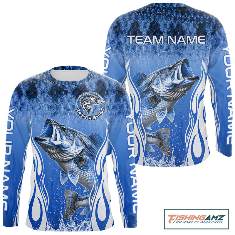 Personalized Team Bass Fishing Shirt - Long Sleeve Tournament Fishing Apparel|Blue NHT1102