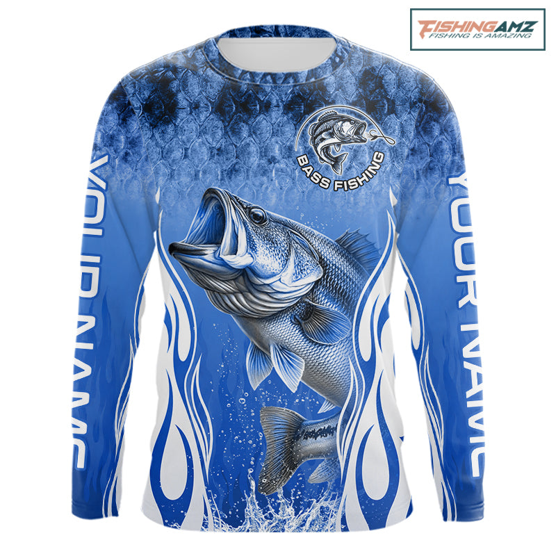 Personalized Team Bass Fishing Shirt - Long Sleeve Tournament Fishing Apparel|Blue NHT1102