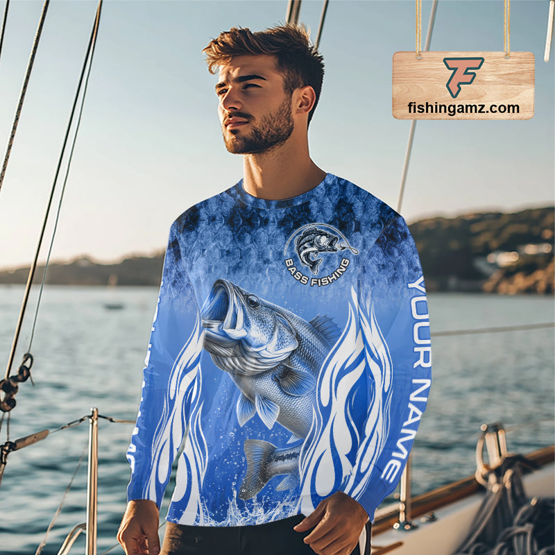 Personalized Team Bass Fishing Shirt - Long Sleeve Tournament Fishing Apparel|Blue NHT1102