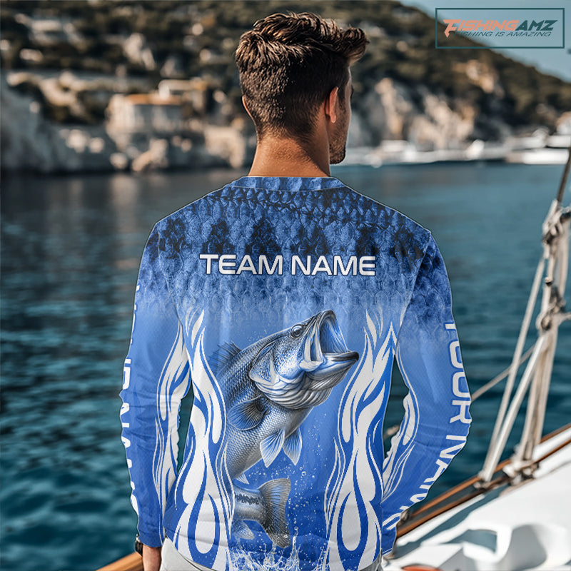 Personalized Team Bass Fishing Shirt - Long Sleeve Tournament Fishing Apparel|Blue NHT1102