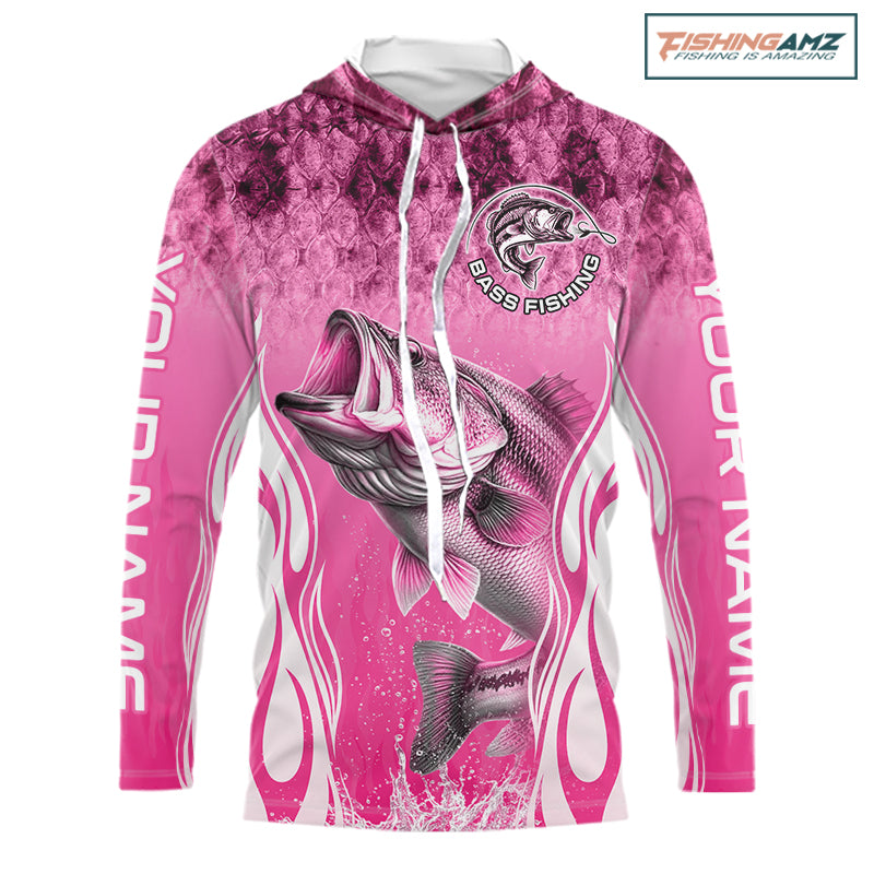 Personalized Team Bass Fishing Shirt - Long Sleeve Hooded Tournament Fishing Apparel|Pink NHT1103