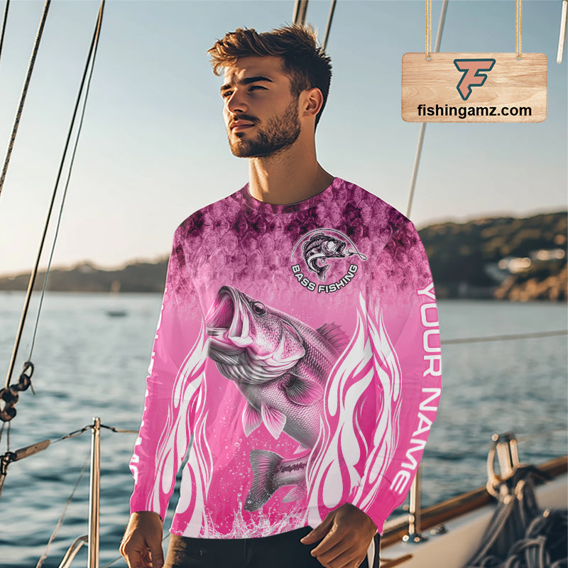 Personalized Team Bass Fishing Shirt - Long Sleeve Tournament Fishing Apparel|Pink NHT1103