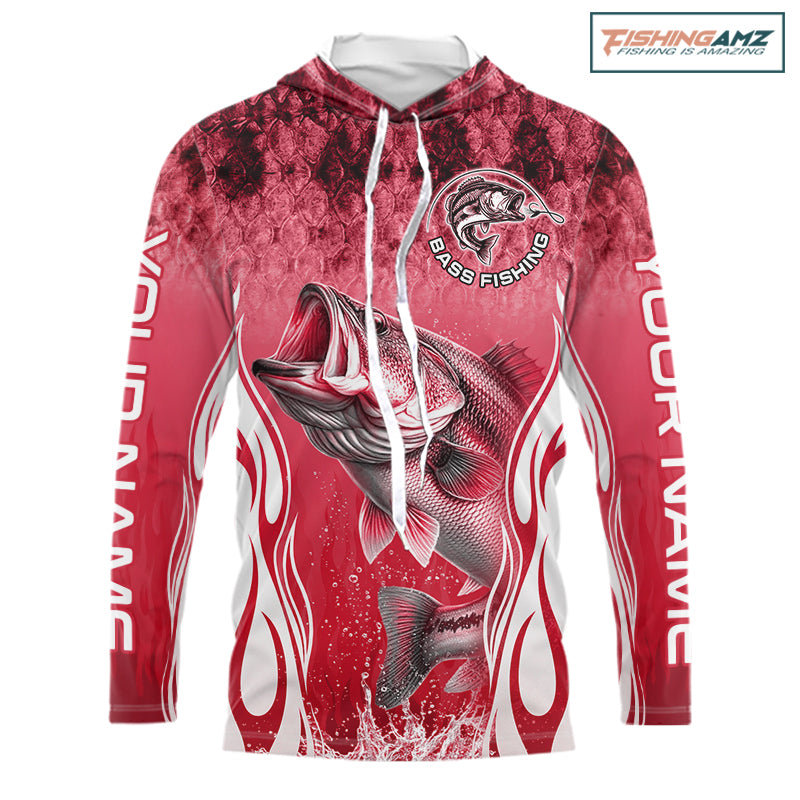 Personalized Team Bass Fishing Shirt - Long Sleeve Hooded Tournament Fishing Apparel|Red NHT1104