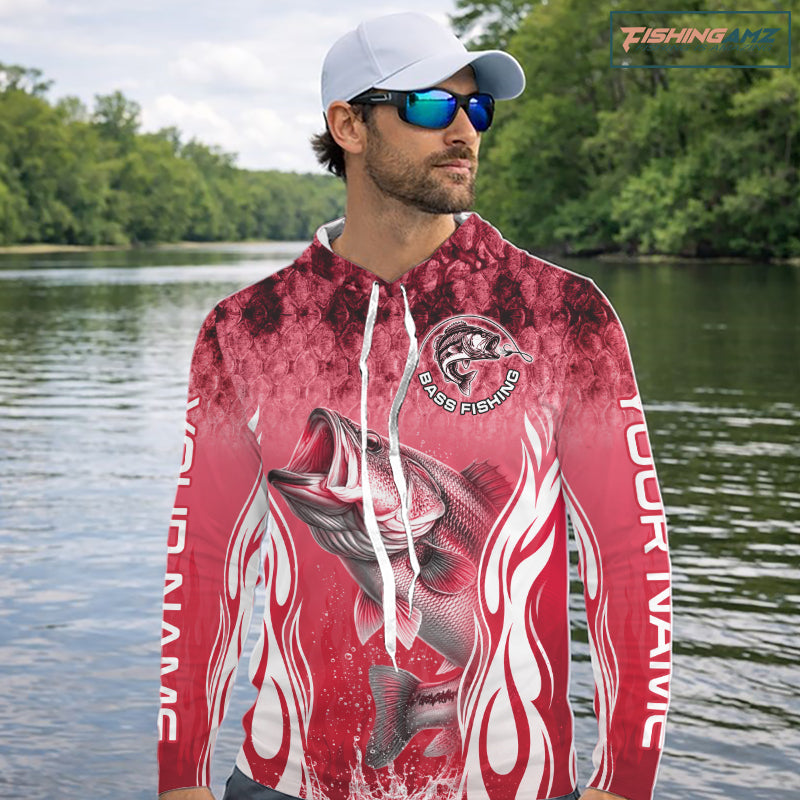 Personalized Team Bass Fishing Shirt - Long Sleeve Hooded Tournament Fishing Apparel|Red NHT1104