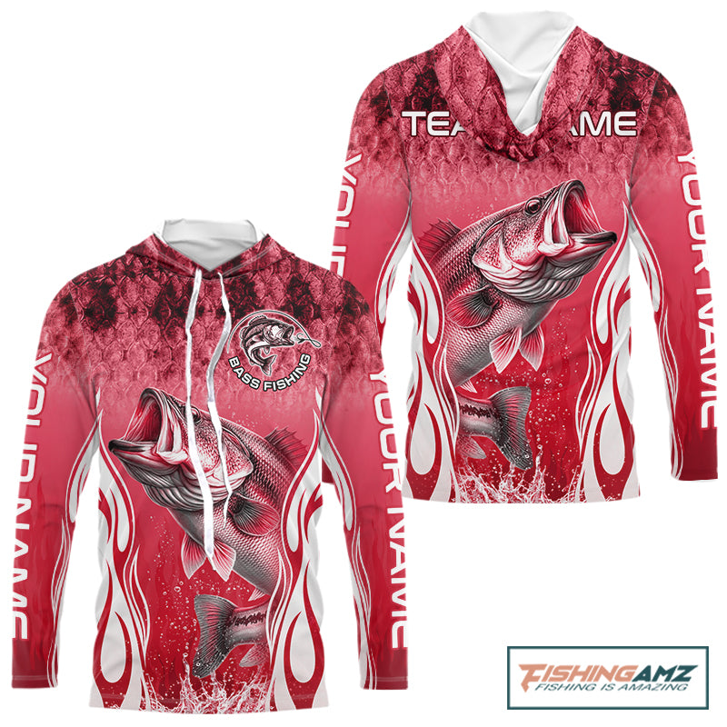Personalized Team Bass Fishing Shirt - Long Sleeve Hooded Tournament Fishing Apparel|Red NHT1104