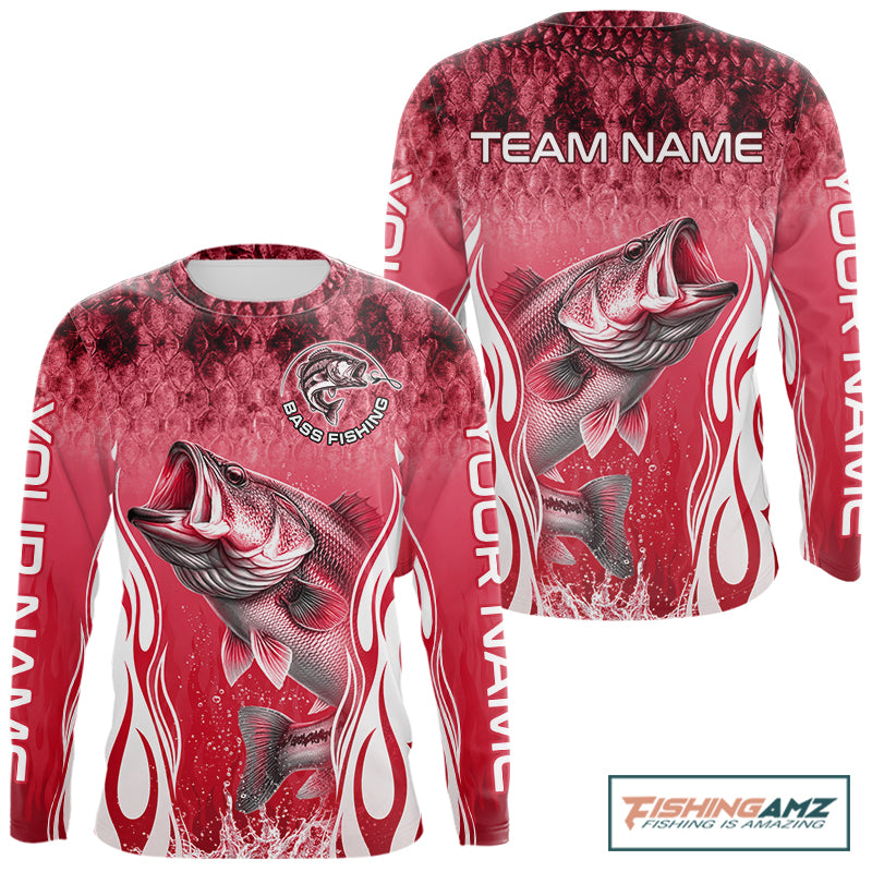 Personalized Team Bass Fishing Shirt - Long Sleeve Tournament Fishing Apparel|Red NHT1104