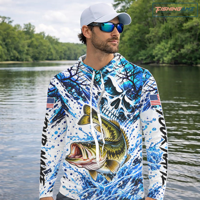 Largemouth Bass Hooded Fishing Shirt Custom Skull Blue Splash Water US Flag Long Sleeve Apparel NHT1737
