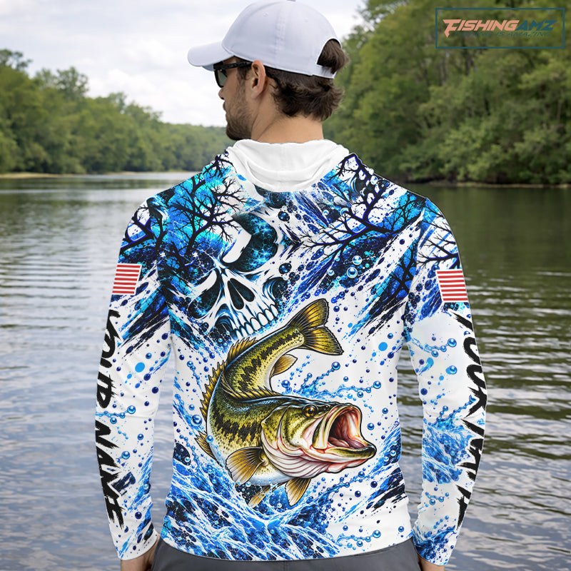 Largemouth Bass Hooded Fishing Shirt Custom Skull Blue Splash Water US Flag Long Sleeve Apparel NHT1737