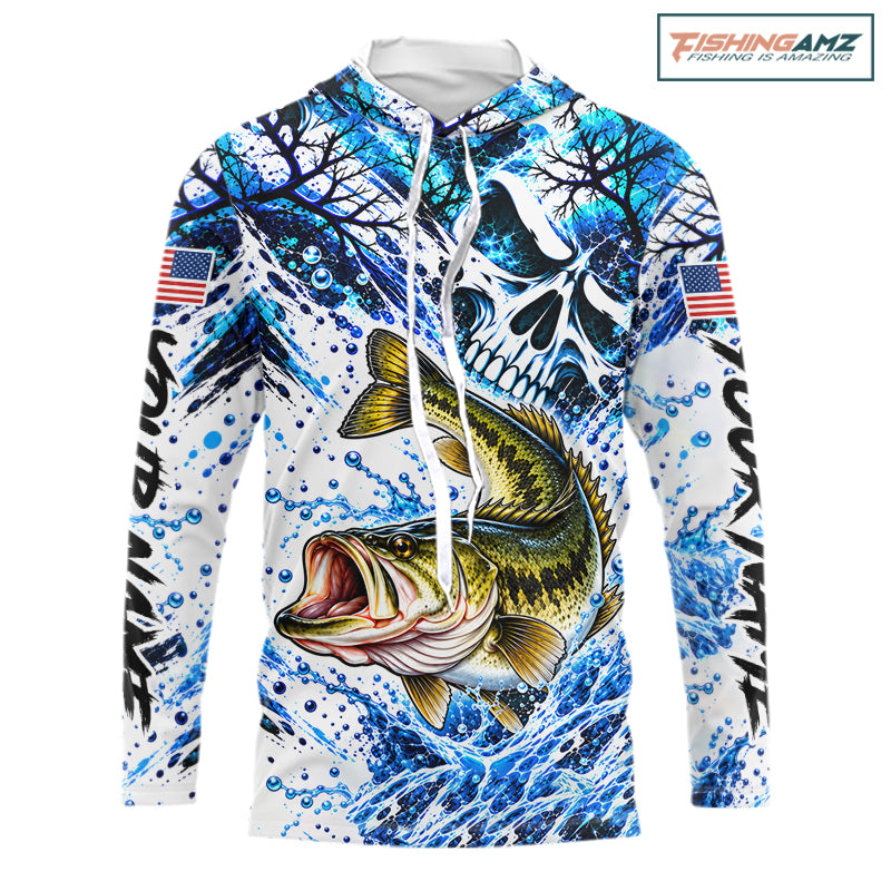 Largemouth Bass Hooded Fishing Shirt Custom Skull Blue Splash Water US Flag Long Sleeve Apparel NHT1737