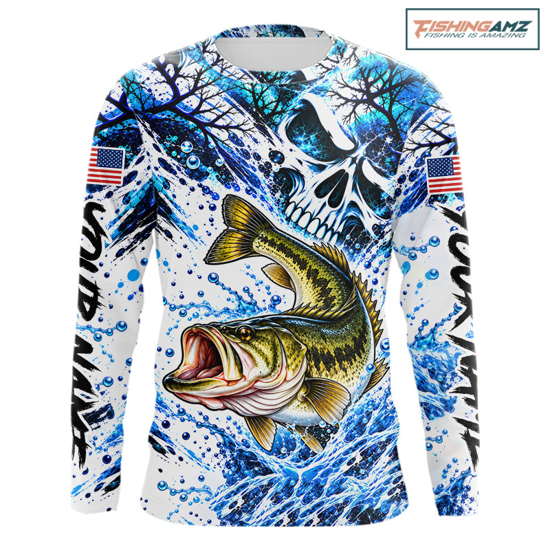 Largemouth Bass Fishing Shirt Custom Skull Blue Splash Water US Flag Long Sleeve Apparel NHT1737