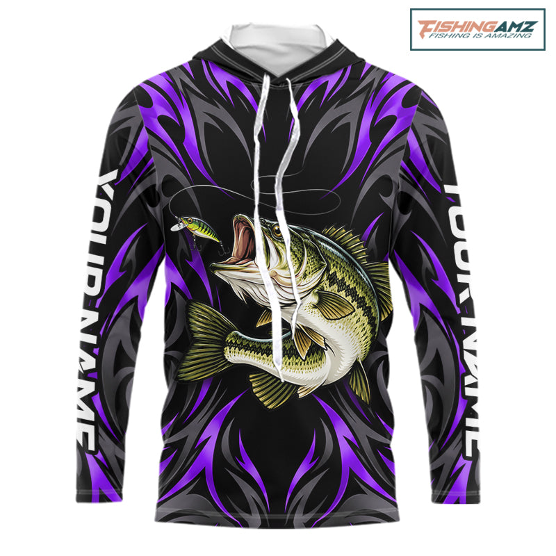 Purple Neon Bass Fish Hooded Fishing Shirt Custom Outdoor Sports Angler Long Sleeve Performance Jersey NHT1738