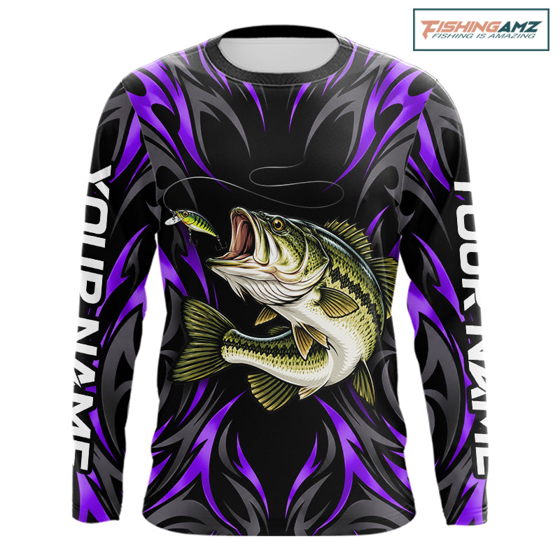 Purple Neon Bass Fish Fishing Shirt Custom Outdoor Sports Angler Long Sleeve Performance Jersey NHT1738