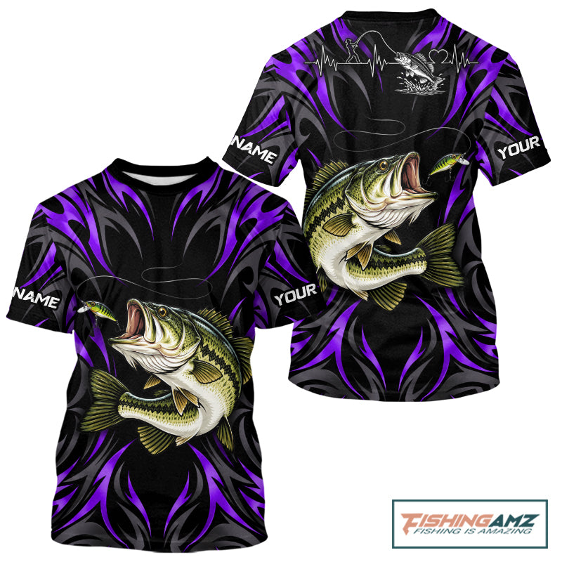 Purple Neon Bass Fish Fishing Shirt Custom Outdoor Sports Angler Short Sleeve Performance Jersey NHT1738