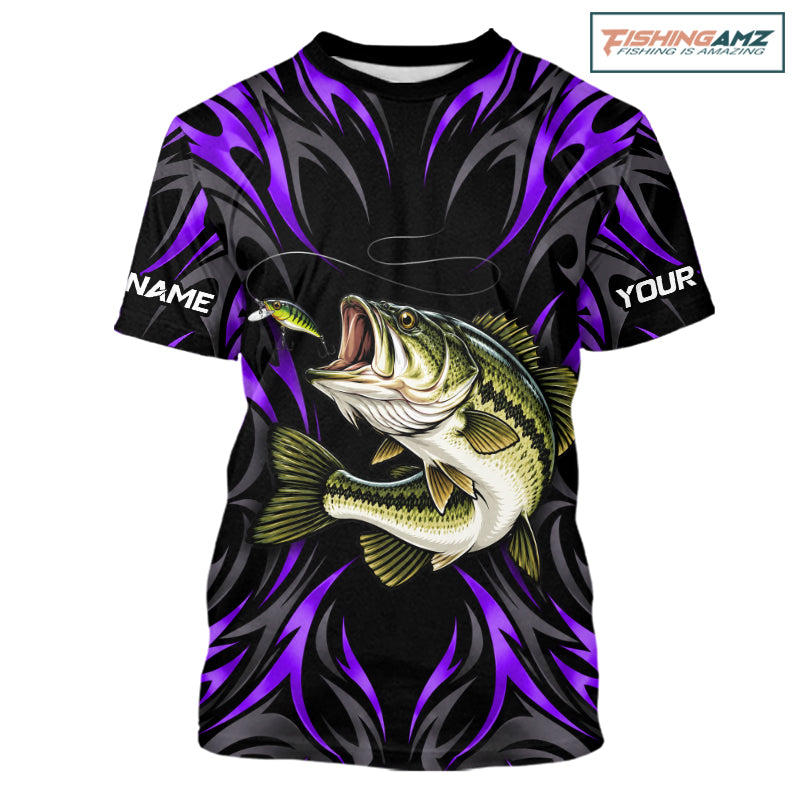 Purple Neon Bass Fish Fishing Shirt Custom Outdoor Sports Angler Short Sleeve Performance Jersey NHT1738