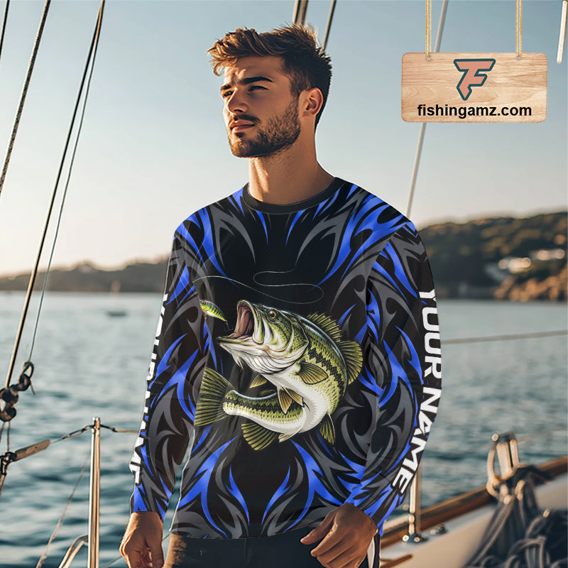 Blue Neon Bass Fish Fishing Shirt Custom Outdoor Sports Angler Long Sleeve Performance Jersey NHT1739
