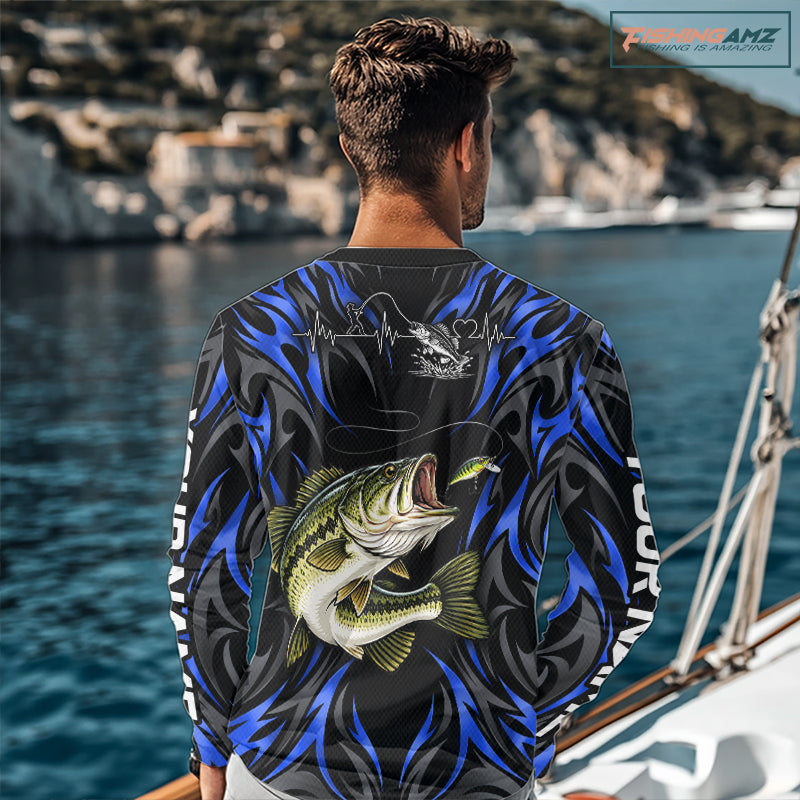 Blue Neon Bass Fish Fishing Shirt Custom Outdoor Sports Angler Long Sleeve Performance Jersey NHT1739