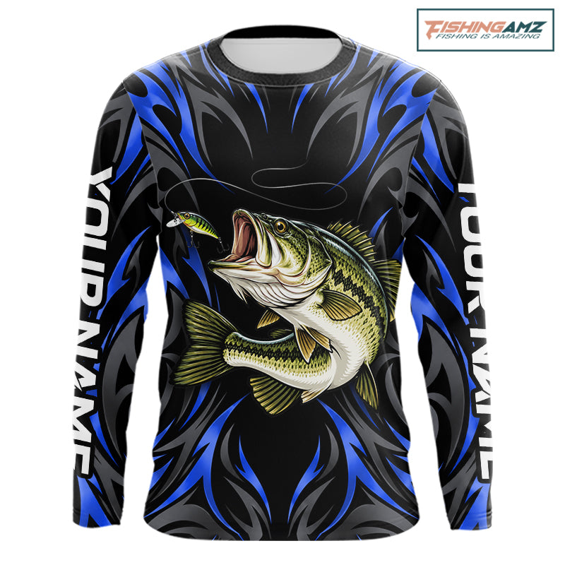 Blue Neon Bass Fish Fishing Shirt Custom Outdoor Sports Angler Long Sleeve Performance Jersey NHT1739