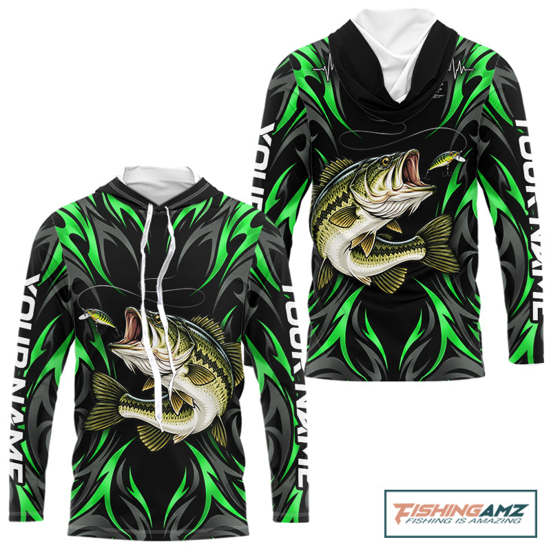 Green Neon Bass Fish Hooded Fishing Shirt Custom Outdoor Sports Angler Long Sleeve Performance Jersey NHT1740