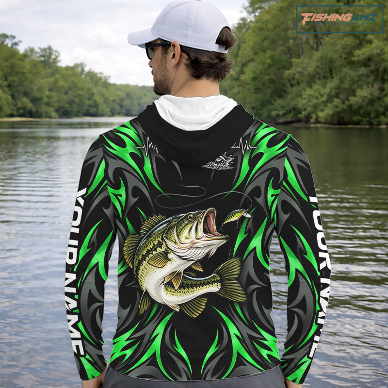 Green Neon Bass Fish Hooded Fishing Shirt Custom Outdoor Sports Angler Long Sleeve Performance Jersey NHT1740