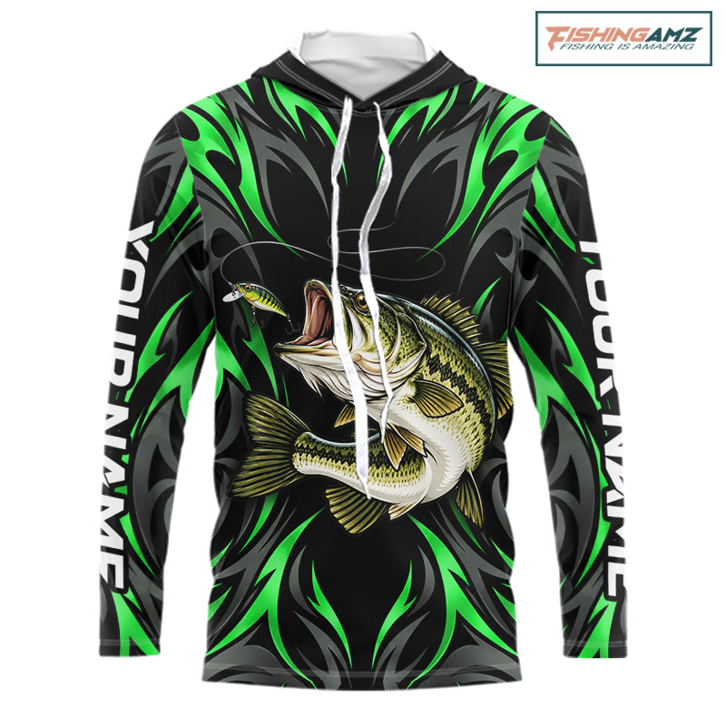 Green Neon Bass Fish Hooded Fishing Shirt Custom Outdoor Sports Angler Long Sleeve Performance Jersey NHT1740