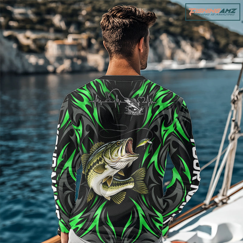 Green Neon Bass Fish Fishing Shirt Custom Outdoor Sports Angler Long Sleeve Performance Jersey NHT1740