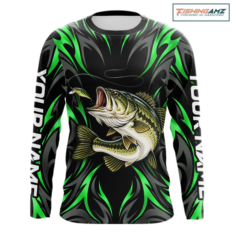 Green Neon Bass Fish Fishing Shirt Custom Outdoor Sports Angler Long Sleeve Performance Jersey NHT1740