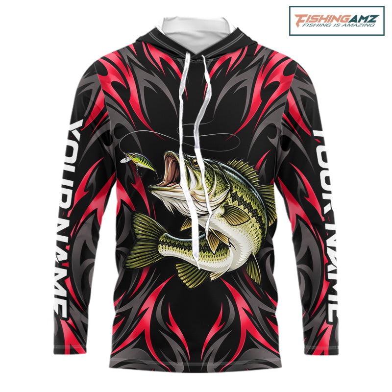 Red Neon Bass Fish Hooded Fishing Shirt Custom Outdoor Sports Angler Long Sleeve Performance Jersey NHT1741