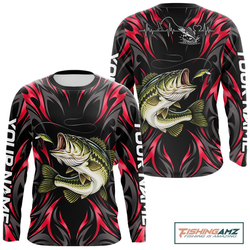 Red Neon Bass Fish Fishing Shirt Custom Outdoor Sports Angler Long Sleeve Performance Jersey NHT1741