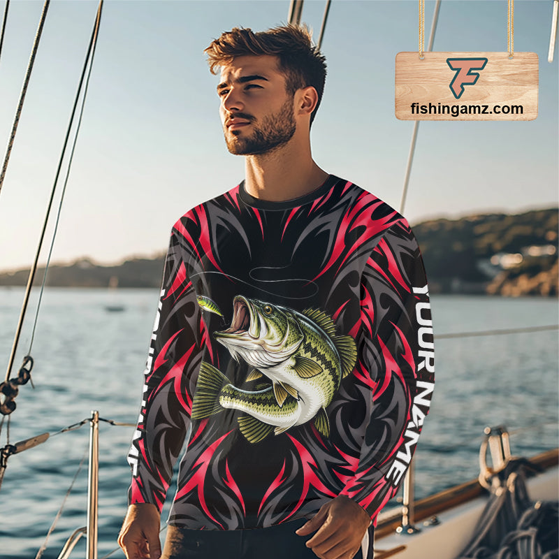 Red Neon Bass Fish Fishing Shirt Custom Outdoor Sports Angler Long Sleeve Performance Jersey NHT1741